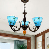 Lámpara de araña vintage con vidrieras azules, estilo industrial con 3 luces y diseño de hoja invertida